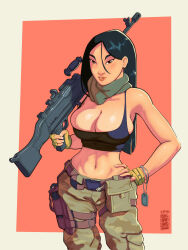 Rule 34 | 1girl, absurdres, alternate costume, asian, baggy pants, belt pouch, black hair, border, brown eyes, camouflage, camouflage pants, commentary, cowboy shot, dated, dog tags, english commentary, fa mulan (disney), fingerless gloves, fn mag, general-purpose machine gun, gloves, gun, hand on own hip, handgun, highres, holding, holding gun, holding weapon, holstered, initial, kumbhker, lipstick, long hair, looking at viewer, machine gun, makeup, mulan, navel, outside border, over shoulder, pants, parted lips, pink lips, pouch, red background, simple background, solo, sports bra, weapon, weapon over shoulder, white border, yellow gloves