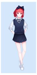 Rule 34 | 1girl, absurdres, bare legs, black skirt, blue background, blue necktie, blue ribbon, closed mouth, collared shirt, expressionless, full body, hair ribbon, highres, long sleeves, looking at viewer, miniskirt, necktie, original, pink lips, pleated skirt, red eyes, red hair, ribbon, shirt, shoes, short hair, simple background, skirt, sleeves pushed up, solo, standing, sweater vest, white footwear, white shirt, yuyo (i iuyo)