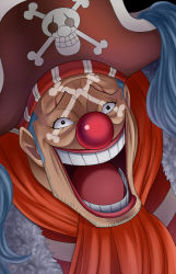 Rule 34 | 1boy, bicorne, buggy the clown, clown nose, hat, jolly roger, kamakiri, male focus, one piece, pirate hat, shirt, solo, striped clothes, striped shirt