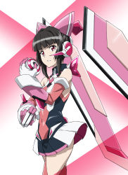 Rule 34 | absurdres, bare shoulders, black hair, blunt bangs, breasts, commentary request, covered navel, cowboy shot, elbow gloves, gloves, highres, leotard, miniskirt, miyabi mt-b, multicolored clothes, multicolored gloves, parted lips, senki zesshou symphogear, sidelocks, skirt, small breasts, solo, tsukuyomi shirabe, twintails, yo-yo