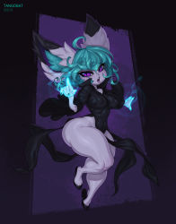 Rule 34 | 1girl, alternate costume, animal ear fluff, animal ears, ass, black dress, breasts, cosplay, crossover, dress, fusion, green hair, heels, highres, league of legends, medium breasts, one-punch man, pink eyes, possessed, possession, short hair, solo, tangobat, tatsumaki, tatsumaki (cosplay), thick thighs, thighs, vex (league of legends), wide hips