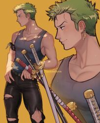 Rule 34 | 1boy, dappled sunlight, earrings, florsdelluna, green hair, grey tank top, hand on own hip, highres, jewelry, leather, leather pants, looking to the side, male focus, multiple views, one piece, pants, pectoral cleavage, pectorals, profile, roronoa zoro, sheath, sheathed, short hair, sideburns, smile, sunlight, sword, tank top, tight clothes, tight pants, toned, toned male, torn clothes, torn pants, triple wielding, weapon, yellow background