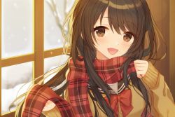 Rule 34 | 1girl, bare tree, blurry, blush, bow, bowtie, brown eyes, brown hair, commentary request, copyright request, depth of field, hands up, hiiragi souren, indoors, long hair, long sleeves, official art, plaid, plaid scarf, red bow, red bowtie, red scarf, scarf, school uniform, serafuku, sleeves past wrists, solo, swept bangs, tareme, tree, upper body, window