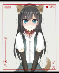 Rule 34 | 10s, 1girl, animal ears, arm warmers, asashio (kancolle), black hair, blue eyes, blush, collar, collarbone, animal collar, dog ears, dog tail, embarrassed, fake animal ears, grey skirt, highres, jewelry, kantai collection, letterboxed, locket, long hair, nekoryuu, pendant, pleated skirt, pov, recording, school uniform, skirt, suspenders, tail, tears, trembling, upper body, v arms, viewfinder, wavy mouth