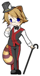 Rule 34 | 10s, 1boy, animal ears, blue eyes, brown hair, cane, card, chibi, glasses, hat, holding, holding card, male focus, raccoon (trickster), raccoon ears, raccoon tail, short hair, solo, tail, top hat, trickster (ntreev soft), wings