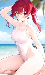 Rule 34 | 1girl, absurdres, bare shoulders, beach, blush, breasts, covered navel, hair ribbon, haru (re ilust), heterochromia, highleg, highres, hololive, houshou marine, long hair, looking at viewer, medium breasts, one-piece swimsuit, open mouth, outdoors, red eyes, red hair, red ribbon, ribbon, see-through, solo, swimsuit, twintails, virtual youtuber, wet, wet clothes, white one-piece swimsuit, yellow eyes