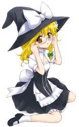 Rule 34 | 1girl, bespectacled, blonde hair, bow, braid, brown eyes, curiosities of lotus asia, dress, female focus, full body, glasses, hat, hat bow, kirisame marisa, long hair, marugoshi (54burger), mary janes, shoes, simple background, sitting, solo, touhou, wariza, white background, witch, witch hat