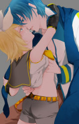 Rule 34 | 1boy, 1girl, bad id, bad pixiv id, blonde hair, blue eyes, blue hair, grabbing another&#039;s breast, breasts, butt crack, clothes lift, grabbing, hetero, kagamine rin, kaito (vocaloid), kiss, saliva, saliva trail, shirt lift, shorts, small breasts, tears, vocaloid, wii hola