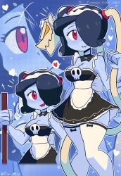Rule 34 | absurdres, apron, blue skin, breasts, cleavage, colored skin, hair over one eye, highres, maid, skullgirls, squigly (skullgirls), thighhighs, tony welt, zombie
