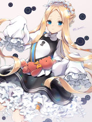 Rule 34 | 1girl, abigail williams (fate), abigail williams (festival outfit) (fate), artist name, black dress, blonde hair, blue eyes, blush, commentary request, dress, fate/grand order, fate (series), frills, frown, keyhole, long hair, long sleeves, looking at viewer, maid headdress, official alternate costume, parted bangs, satou yumeri, sleeves past fingers, sleeves past wrists, solo, stuffed animal, stuffed toy, teddy bear