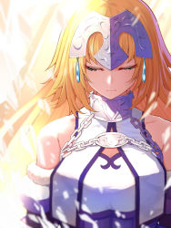 Rule 34 | 1girl, bare shoulders, blonde hair, braid, breasts, chain, collarbone, commentary request, dress, closed eyes, fate/grand order, fate (series), frown, fur trim, headpiece, highres, jeanne d&#039;arc (fate), jeanne d&#039;arc (ruler) (fate), jeanne d&#039;arc (third ascension) (fate), long hair, mikan (chipstar182), white dress