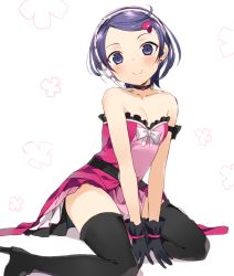 Rule 34 | 1girl, bare shoulders, black footwear, black gloves, blush, boots, breasts, cleavage, collarbone, dokidoki! precure, dress, earrings, gloves, hair ornament, headset, heart, heart earrings, heart hair ornament, idol, jewelry, kenzaki makoto, kneeling, nauribon, pink dress, precure, small breasts, smile, solo, thigh boots, thighhighs, thighs