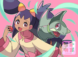 Rule 34 | 1girl, :d, axew, blush, brown eyes, commentary request, creatures (company), dark-skinned female, dark skin, eyelashes, game freak, gen 5 pokemon, hand up, happy, highres, holding, holding poke ball, iris (pokemon), long hair, looking at viewer, nintendo, open mouth, pink background, poke ball, poke ball (basic), pokemon, pokemon (anime), pokemon (creature), pokemon bw (anime), shirt, smile, sutokame, tongue, twitter username, two side up, watermark, yellow shirt