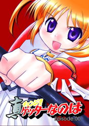 Rule 34 | &gt;:d, 00s, 1girl, :d, alternate costume, alternate weapon, blue eyes, clenched hand, getter robo, holding, karamiti, long sleeves, looking at viewer, lyrical nanoha, magical girl, mahou shoujo lyrical nanoha, open mouth, orange hair, outstretched arm, polearm, purple eyes, red hair, rod, shin getter robo, short hair, smile, solo, staff, takamachi nanoha, twintails, upper body, v-shaped eyebrows, weapon