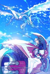 Rule 34 | 1boy, black hair, blonde hair, blue eyes, blue sky, boots, d-wheel, dragon, driving, duel monster, ebira, facial tattoo, fudo yusei, jacket, lens flare, male focus, motor vehicle, motorcycle, multicolored hair, open clothes, open jacket, pants, sky, spiked hair, stardust dragon, streaked hair, tattoo, two-tone hair, yu-gi-oh!, yu-gi-oh! 5d&#039;s