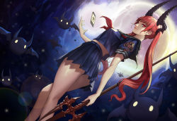 Rule 34 | 1girl, absurdres, ass, cellphone, cherrylich, daeho cha, demon, demon girl, demon horns, demon tail, dutch angle, highres, horns, lens flare, lips, long hair, midriff, moon, panties, phone, pleated skirt, polearm, red eyes, red hair, school uniform, serafuku, skirt, smartphone, solo, tail, thighs, trident, twintails, underwear, very long hair, weapon, wings