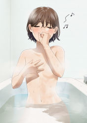 Rule 34 | 1girl, bathing, bathtub, blush, breasts, brown hair, closed eyes, completely nude, hand on own chest, mattaku mousuke, music, navel, nude, original, partially submerged, short hair, singing, small breasts, solo, stomach, water