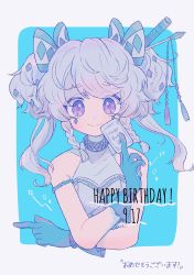 Rule 34 | 1girl, blue gloves, bow, braid, card, dated, diamond-shaped pupils, diamond (shape), english text, gloves, grey hair, hair bow, happy birthday, highres, holding, holding card, looking at viewer, medium hair, narumame, original, pointing, sleeveless, solo, symbol-shaped pupils, translation request, upper body