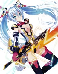 Rule 34 | 10s, 1girl, alternate costume, aqua eyes, black heart (neptunia), blue eyes, breasts, center opening, chou megami shinkou noire gekishin black heart, cleavage, cleavage cutout, clothing cutout, covered navel, elbow gloves, electricity, female focus, gloves, hair between eyes, hair ornament, halterneck, headgear, highres, holding, holding weapon, leotard, lightning bolt symbol, long hair, looking at viewer, mechanical wings, medium breasts, neptune (series), noire (neptunia), power symbol, power symbol-shaped pupils, simple background, skin tight, smile, solo, sword, symbol-shaped pupils, thighhighs, tsunako, twintails, very long hair, weapon, white background, white hair, wings