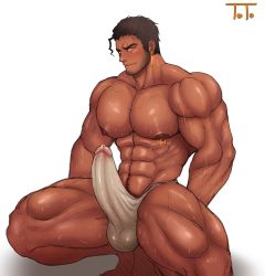 Rule 34 | 1boy, abs, bara, body hair, bulge, erection, erection under clothes, facial hair, highres, looking at viewer, male focus, muscular, nipples, pectorals, penis, piercing, topless male, smile, solo, sweat, tan, toto (artist), underwear