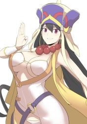 Rule 34 | 1girl, bare shoulders, beads, bikini, bikini top only, black hair, blush, breasts, cleavage, dress, fate/grand order, fate (series), halcon, hat, large breasts, long hair, looking at viewer, parted lips, prayer beads, purple eyes, sleeveless, smile, solo, swimsuit, underboob, upper body, white background, white bikini, wrist guards, xuangzang sanzang (fate)