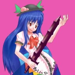 Rule 34 | 1girl, blue hair, buront, buront (cosplay), cosplay, female focus, final fantasy, final fantasy xi, food, fruit, gak, hat, hinanawi tenshi, long hair, lowres, peach, pink background, red eyes, ribbon, simple background, solo, sword, touhou, weapon