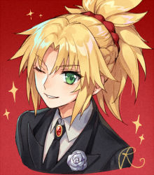 Rule 34 | &gt;:), 1girl, black jacket, black necktie, fate/apocrypha, fate (series), fhalei, flower, flower ornament, gem, grey rose, jacket, looking at viewer, medium hair, mordred (fate), mordred (fate/apocrypha), mordred (formal dress) (fate), necktie, one eye closed, parted lips, ponytail, red background, rose, scrunchie, shirt, signature, simple background, smile, solo, sparkle, tuxedo, v-shaped eyebrows, white shirt