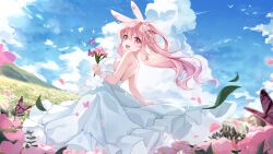 Rule 34 | 1girl, absurdres, animal ears, bare shoulders, bird, blue sky, blush, bouquet, bug, butterfly, cloud, cloudy sky, day, dress, dutch angle, fake animal ears, falling petals, field, flower, from side, grass, green eyes, highres, hill, holding, holding bouquet, hyeya, insect, long hair, looking at viewer, motion blur, open mouth, original, outdoors, petals, pink eyes, pink flower, pink hair, rabbit ears, sky, smile, teeth, two-tone eyes, two side up, upper teeth only, white dress, wide shot, wrist cuffs