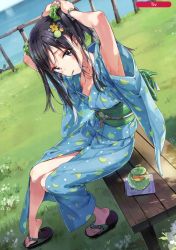Rule 34 | 1girl, absurdres, armpit peek, armpits, artist name, bare legs, bench, black hair, blue kimono, blush, closed mouth, collarbone, day, feet, from side, grass, hair ornament, hair scrunchie, hair tie, hairclip, highres, horizon, japanese clothes, kimono, long hair, looking at viewer, melonbooks, mouth hold, no bra, obi, ocean, original, outdoors, park bench, purple eyes, railing, sandals, sash, scan, scrunchie, side ponytail, sitting, solo, tiv, toes, tying hair, wide sleeves, wristband