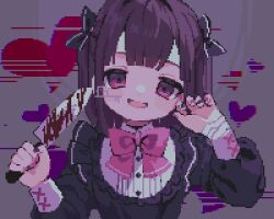 Rule 34 | 1girl, ahiru tokotoko, bandaged arm, bandages, black dress, black nails, blood, bloody knife, blush, bow, bowtie, commission, dress, fallenshadow, frilled dress, frills, hair bow, hand up, heart, highres, holding, holding knife, indie virtual youtuber, knife, long sleeves, looking at viewer, medium hair, multicolored nails, open mouth, pink bow, pink eyes, pink nails, pixel art, purple hair, skeb commission, smile, solo, straight-on, upper body, virtual youtuber