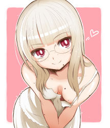 Rule 34 | 1girl, areola slip, bad id, bad pixiv id, bare shoulders, blonde hair, blunt bangs, breasts, cleavage, downblouse, dress, glasses, head tilt, heart, jitsudan, leaning forward, long hair, looking at viewer, medium breasts, mole, mole on arm, mole on breast, mole on cheek, mole on neck, mole under eye, mole under mouth, nipple slip, nipples, no bra, original, pink background, pink eyes, simple background, smile, solo, sundress, v arms