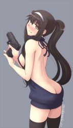 Rule 34 | 1girl, ass, back, backless dress, backless outfit, bad id, bad pixiv id, bare back, bare shoulders, black dress, black sweater, black thighhighs, blush, breasts, brown eyes, brown hair, clenched teeth, cowboy shot, dress, embarrassed, female focus, fingernails, from behind, glock, grey background, gun, hair between eyes, hair ornament, hair tie, hairband, halterneck, handgun, holding, holding gun, holding weapon, legs apart, long hair, looking at viewer, looking back, medium breasts, meme attire, naked sweater, no bra, no panties, nose blush, oda masaki (b-minor), original, pistol, ponytail, ribbed sweater, sideboob, sidelocks, signature, simple background, solo, sweater, sweater dress, teeth, thighhighs, trigger discipline, turtleneck, turtleneck sweater, twitter username, virgin killer sweater, weapon, white hairband