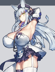 Rule 34 | 1girl, alternate breast size, animal ears, armpits, arms behind head, arms up, asymmetrical legwear, black ribbon, bow, breasts, closed mouth, cowboy shot, dress, facial mark, flower, garter straps, girls&#039; frontline, green eyes, grey hair, hair flower, hair ornament, hair ribbon, hat, hk416 (girls&#039; frontline), hk416 (herbal-flavored hard candy) (girls&#039; frontline), huge breasts, long hair, looking at viewer, melon22, mismatched legwear, official alternate costume, purple flower, purple hat, purple thighhighs, rabbit ears, rabbit girl, rabbit tail, ribbon, short dress, sidelocks, solo, standing, tail, teardrop, thighhighs, v-shaped eyebrows, white dress, white flower, white thighhighs
