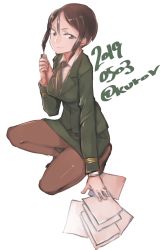 Rule 34 | 1girl, abaratani kurou, black eyes, black footwear, black hair, black necktie, brown pantyhose, chouno ami, closed mouth, commentary request, dated, dress shirt, flats, full body, girls und panzer, green jacket, green skirt, highres, holding, holding paper, jacket, japan ground self-defense force, japan self-defense force, legs, long sleeves, looking at viewer, military, military uniform, miniskirt, necktie, one-hour drawing challenge, on one knee, pantyhose, paper, pencil skirt, shirt, shoes, short hair, simple background, skirt, smile, solo, swept bangs, twitter username, uniform, white background, white shirt