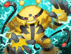 Rule 34 | bad id, bad pixiv id, cable, commentary request, creatures (company), electivire, electricity, game freak, gen 4 pokemon, highres, looking at viewer, mian (3zandora), nintendo, no humans, pokemon, pokemon (creature), red eyes, solo, standing, teeth, yellow fur