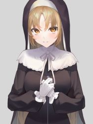 Rule 34 | 1girl, aya (lezon), black dress, blonde hair, breasts, brown eyes, capelet, commentary, dress, gloves, grey background, habit, hair between eyes, hands up, highres, large breasts, long hair, long sleeves, looking at viewer, nijisanji, nun, own hands together, parted bangs, parted lips, puffy long sleeves, puffy sleeves, ribbon, simple background, sister claire, sister claire (1st costume), smile, solo, traditional nun, upper body, virtual youtuber, white capelet, white gloves, white ribbon