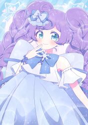 Rule 34 | 1girl, ahoge, blue background, blue bow, blue dress, blue eyes, bow, braid, chii (chi pppuri), closed mouth, commentary request, cowboy shot, dress, hair bow, hair ornament, hand up, highres, long hair, looking at viewer, manaka laala, pretty series, pripara, purple hair, smile, snowflake hair ornament, solo, standing, twin braids, very long hair