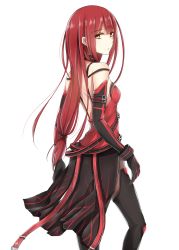 Rule 34 | 1girl, arm strap, back, bare shoulders, black gloves, black thighhighs, blunt bangs, bow, bracelet, breasts, choker, cowboy shot, crimson avenger (elsword), elbow gloves, elesis (elsword), elsword, from side, gloves, hair bow, highres, jewelry, long hair, looking at viewer, looking to the side, low-tied long hair, moyashi (rina), parted lips, red bow, red eyes, red hair, showgirl skirt, small breasts, solo, thighhighs, white background