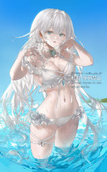 Rule 34 | 1girl, bikini, blue eyes, breasts, choker, cleavage, highres, large breasts, long hair, looking at viewer, mole, mole under eye, navel, ocean, original, outdoors, parted lips, solo, standing, stomach, swimsuit, very long hair, wading, wet, white bikini, white choker, white hair, yunikon