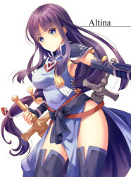 Rule 34 | 1girl, alondite, altina (fire emblem), armor, armpits, blue eyes, blush, breasts, character name, dress, fire emblem, fire emblem: radiant dawn, fire emblem heroes, highres, holding, holding sword, holding weapon, if oki, long hair, nintendo, pelvic curtain, purple hair, ragnell, serious, sheath, sheathed, shoulder armor, side slit, sideboob, simple background, solo, sword, weapon, white background