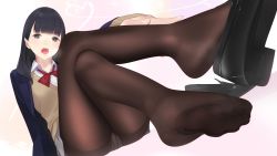 Rule 34 | 1girl, ama mitsuki, arm support, beige cardigan, black footwear, black pantyhose, blue eyes, blue hair, blue jacket, blush, bow, bowtie, breasts, cardigan, collared shirt, crossed legs, end card, feet, fine fabric emphasis, foot focus, foreshortening, hand on own leg, head tilt, highres, jacket, loafers, long hair, long sleeves, looking at viewer, miru tights, mole, mole under eye, nakabeni yua, no shoes, official art, open mouth, panties, panties under pantyhose, pantyhose, red bow, red bowtie, screencap, shirt, shoe dangle, shoes, unworn shoes, single shoe, sitting, skirt, solo, tareme, teeth, thighband pantyhose, toes, tongue, underwear, upper teeth only, white panties, white shirt