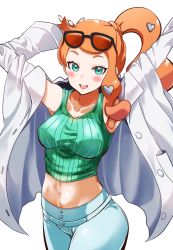 Rule 34 | 1girl, absurdres, aqua eyes, armpits, arms up, blush, breasts, cleavage, creatures (company), denim, game freak, highres, jeans, lab coat, looking at viewer, medium breasts, midriff, navel, nintendo, open clothes, orange hair, oroshipon zu, pants, pokemon, pokemon swsh, ponytail, smile, solo, sonia (pokemon), sunglasses on head, tank top