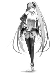 Rule 34 | 1girl, a.q.u.a, bare shoulders, barefoot, belt, black thighhighs, blush, female focus, full body, greyscale, hatsune miku, hatsune miku (append), lips, long hair, monochrome, necktie, simple background, solo, thighhighs, twintails, very long hair, vocaloid, vocaloid append, white background