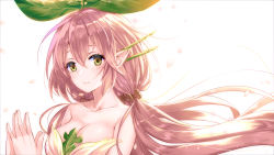 Rule 34 | 1girl, bare shoulders, breasts, cleavage, collarbone, granblue fantasy, hair ornament, highres, jun project, large breasts, leaf, long hair, looking at viewer, monster girl, pink hair, plant girl, pointy ears, simple background, smile, solo, sparkle, twintails, white background, white theme, yellow eyes, yggdrasill (granblue fantasy)