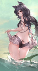 Rule 34 | 1girl, animal ears, ass, bare back, bikini, black hair, braid, braided ponytail, butt crack, erune, from behind, granblue fantasy, highres, long hair, looking at viewer, nier (granblue fantasy), nier (lover by the lily lake) (granblue fantasy), open mouth, solo, swd3e2, swimsuit, water