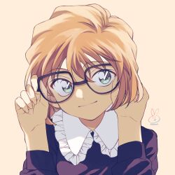 Rule 34 | 1girl, black shirt, blue eyes, brown background, brown hair, closed mouth, glasses, haibara ai, hands up, highres, long sleeves, looking at viewer, meitantei conan, niina 1oo9, shirt, short hair, simple background, smile, solo, upper body
