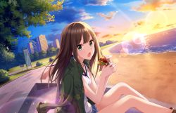 Rule 34 | 10s, 1girl, beach, brown hair, building, cloud, earrings, food, green eyes, green jacket, burger, idolmaster, idolmaster cinderella girls, idolmaster cinderella girls starlight stage, jacket, jewelry, lens flare, long hair, necklace, ocean, official art, outdoors, sand, sandwich, shibuya rin, sky, solo, sparkle, sunset, tree, water