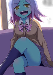 Rule 34 | 10s, 1girl, :d, alien, ashino moto, backlighting, black thighhighs, blush, bow, bowtie, breasts, buttons, cardigan, colored skin, couch, crossed legs, green skin, long sleeves, looking at viewer, looking down, medium breasts, midori (uchuu patrol luluco), open mouth, parted bangs, pink bow, plaid, plaid skirt, purple hair, school uniform, sharp teeth, sitting, skirt, smile, socks, solo, striped, striped bow, sunlight, teeth, thighhighs, thighs, tongue, tongue out, uchuu patrol luluco, yellow eyes