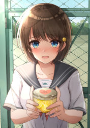 Rule 34 | 1girl, absurdres, bandaid, bandaid on hand, blue eyes, blush, breasts, brown hair, collarbone, commentary request, fence, food, food-themed hair ornament, fruit, hair ornament, highres, holding, huion, lemon, lemon hair ornament, looking at viewer, medium breasts, official art, open mouth, original, outdoors, school uniform, serafuku, shirt, solo, upper body, white shirt, yukiunag1