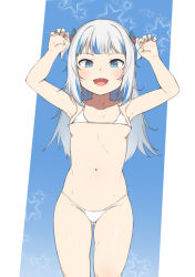 Rule 34 | 1girl, armpits, arms up, bikini, blue background, blue eyes, breasts, claw pose, gawr gura, gluteal fold, groin, hololive, hololive english, kachobi (user atuh5854), long hair, lowleg, lowleg bikini, navel, open mouth, revision, sharp teeth, silver hair, simple background, small breasts, smile, solo, swimsuit, teeth, thighs, two side up, virtual youtuber, white bikini